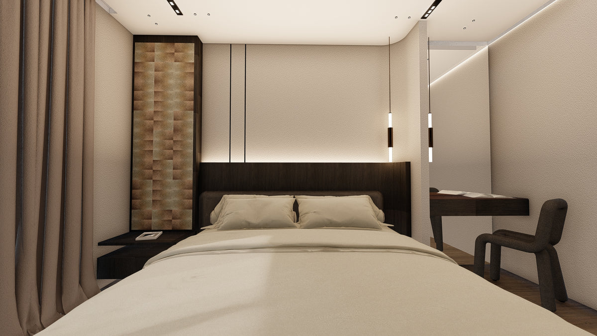 Minimal bedroom interior with a taupe platform bed, dark fluted wall, and glass pendant lights