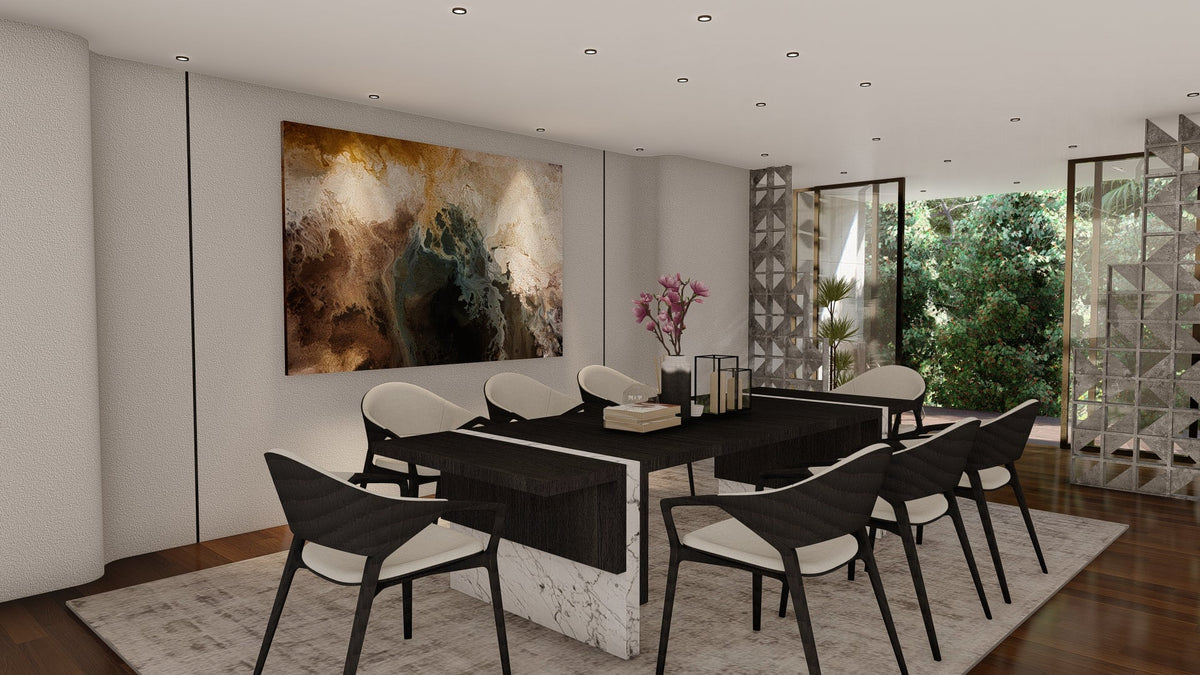 Dining interior with a dark wood table, contemporary chairs, and a garden courtyard beyond glass partitions